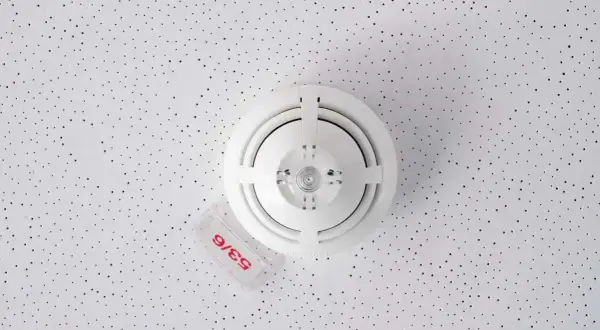 Rauchmelder an einer perforierten Decke. Sie reagieren auf Rauchpartikel in der Luft, um Brände frühzeitig zu erkennen.