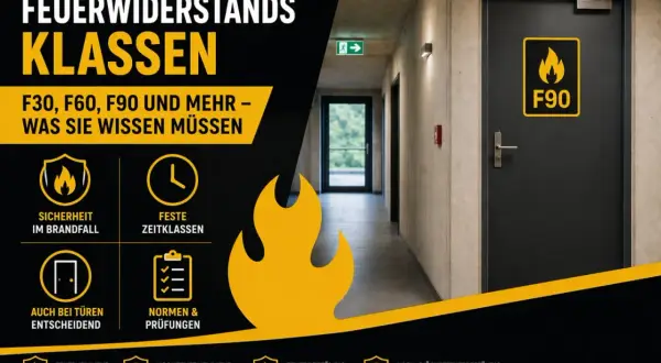 Brandschutztür mit F90-Kennzeichnung in einem Flur. Die Grafik erklärt Feuerwiderstandsklassen wie F90.