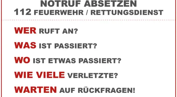 Anleitung zum Notruf absetzen: Wer ruft an? Was ist passiert? Wo ist etwas passiert? Wie viele Verletzte? Warten auf Rückfragen!