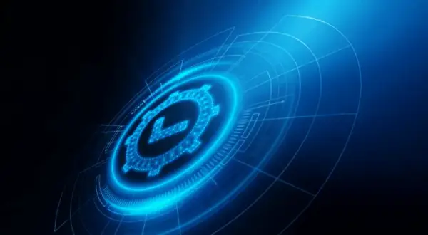 Blaues Zahnrad mit Häkchen-Symbol, das für VDS Zertifizierung steht, umgeben von digitalen Kreisen auf dunklem Hintergrund.