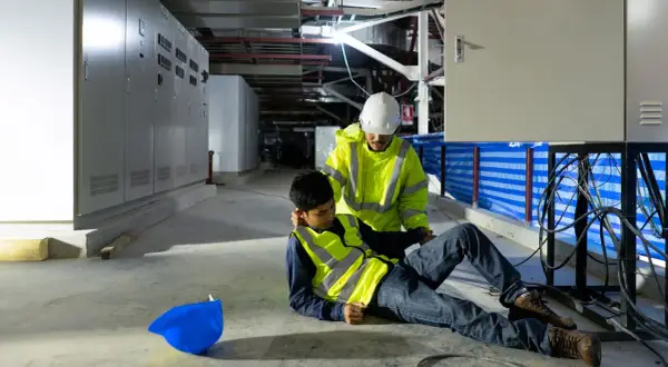 Ein Arbeiter hilft einem Kollegen, der nach einem Stromschlag auf dem Boden liegt. Der helfende Arbeiter trägt eine Warnweste und einen Helm.