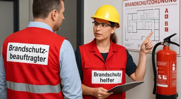 Ein Sicherheitsbeauftragter Pflege und eine Brandschutzhelferin besprechen die Brandschutzordnung.