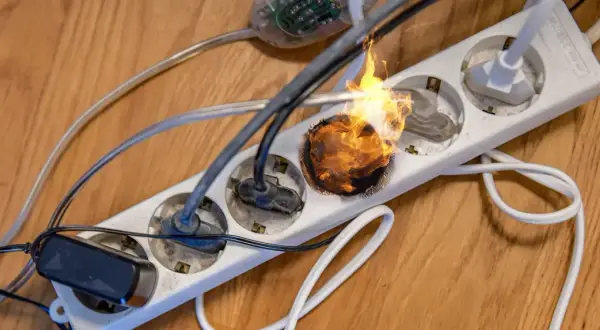 Überlastete Steckdosenleiste mit brennendem Anschluss. Vorsicht vor der Gefahr durch Lithium Ionen Akkus und defekte Geräte!