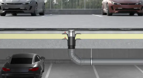 Schnittzeichnung einer Tiefgarage mit Entwässerungssystem. Autos parken auf verschiedenen Ebenen.