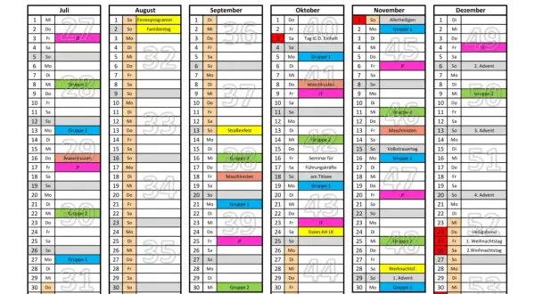 Jahresdienstplan der Feuerwehr Walddorfhäslach: Übersicht der Übungen für Gruppen, Jugendfeuerwehr und Maschinisten.