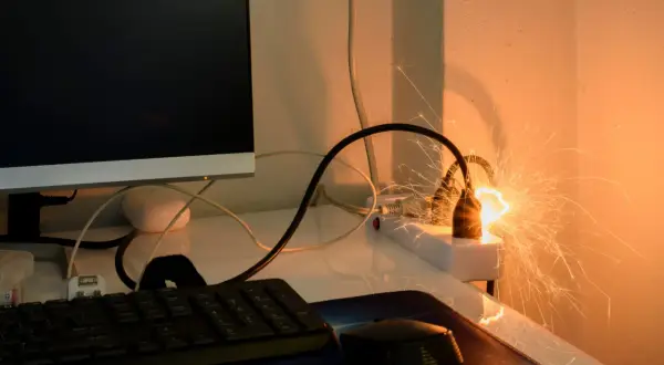 Gefährlicher kabelbrand in der wand: Funken sprühen aus einer Steckdosenleiste, die mit einem Computer verbunden ist.