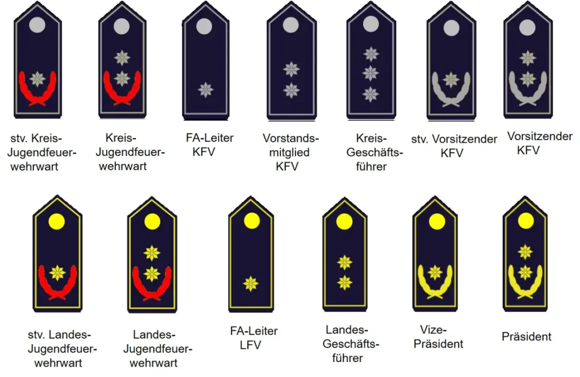 Abzeichen für verschiedene Feuerwehr-Dienstgrade, von Jugendfeuerwehr bis Präsident. Jedes Abzeichen zeigt Sterne und Lorbeerzweige, die den Rang auf der Uniform kennzeichnen.