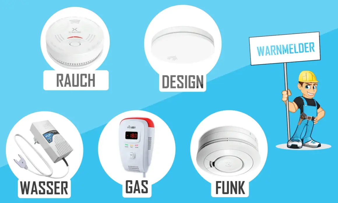 Rauch-, Wasser-, Gas- und Funkwarnmelder im Test. Ein Handwerker hält ein Schild mit der Aufschrift "Warnmelder".