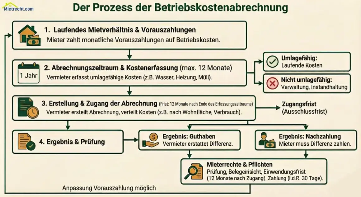 Flussdiagramm erklärt den Prozess der Betriebskostenabrechnung: Vorauszahlungen, Erfassung, Erstellung, Ergebnis (Guthaben/Nachzahlung) und Mieterrechte.