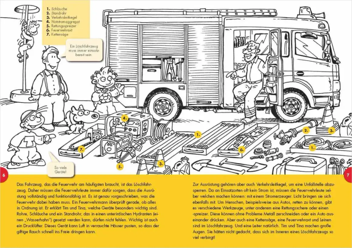 Ein **Arbeitsblatt Feuerwehr Kindergarten** zeigt ein Löschfahrzeug mit vielen Geräten. Tim und Tina lernen, was die Feuerwehr alles braucht.