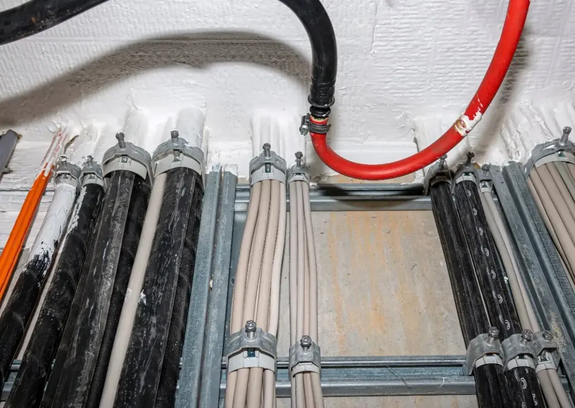 Bündel von Kabeln, darunter auch brandschott Kabel, sind an einer Wand befestigt. Ein rotes und ein schwarzes Kabel führen von oben.