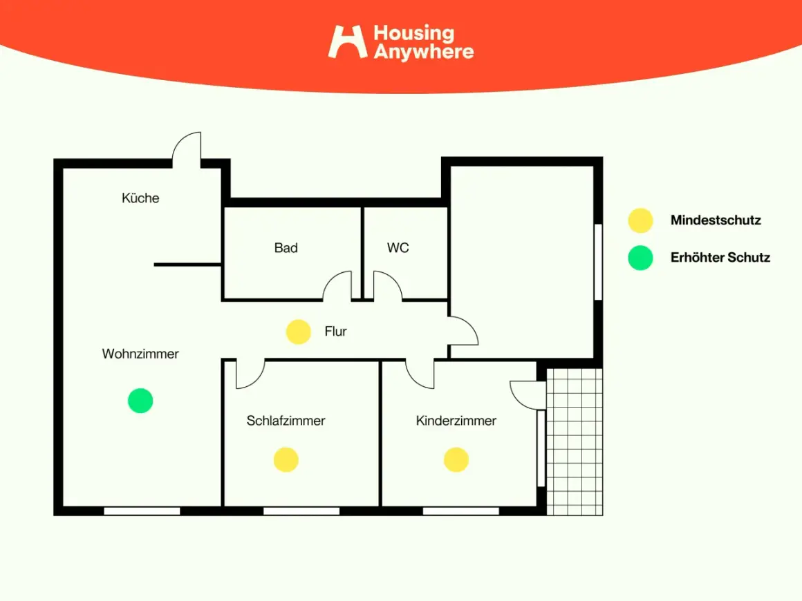 Grundriss einer Wohnung mit Markierungen für Rauchmelder. Gelb bedeutet Mindestschutz, grün erhöhten Schutz. Dies ist relevant für die Rauchmelderpflicht NRW.