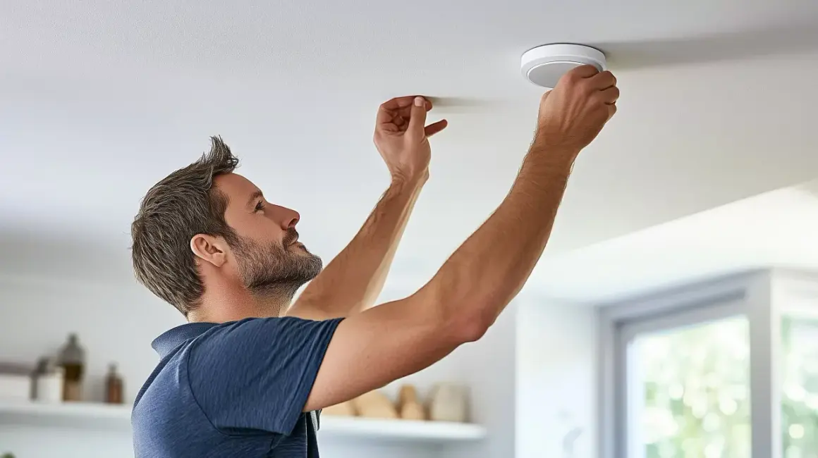 Mann montiert Rauchmelder an der Decke. Endlich keine Rauchmelder in der Wohnung mehr vergessen!