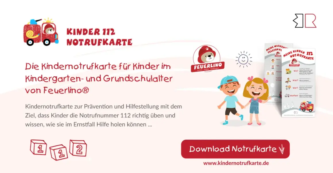 Kinder lernen, wie sie den Notruf absetzen können. Die Kindernotrufkarte von Feuerlino hilft ihnen dabei.
