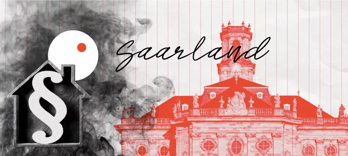 Rauchmelder-Pflicht im Saarland: Ein Haus mit Paragrafenzeichen und Rauch symbolisiert die gesetzliche Vorgabe für Sicherheit.