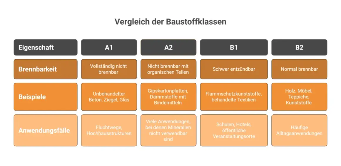 Vergleich der Baustoffklassen: Tabelle zu Brandschutzklassen A1-B2, Brennbarkeit, Beispielen und Anwendungsfällen.