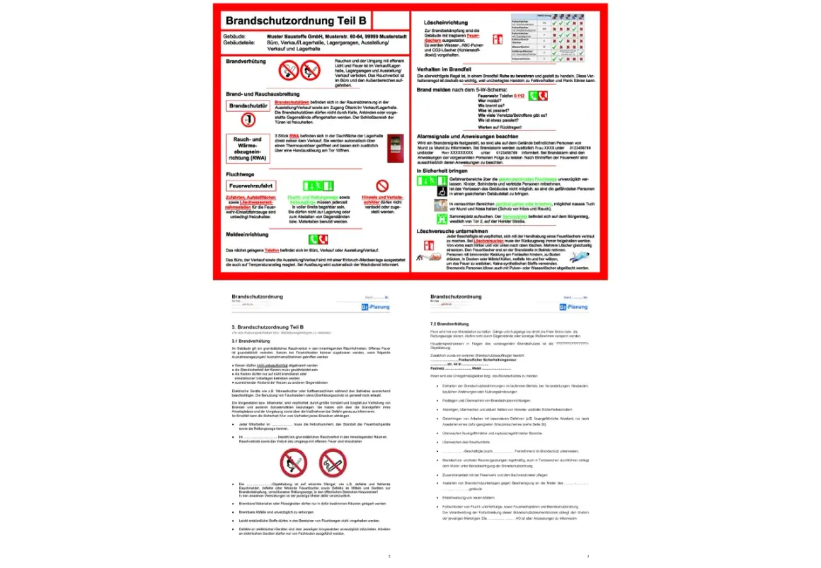 Brandschutzordnung Teil B: Verhaltensregeln im Brandfall, Löscheinrichtungen, Fluchtwege und Brandverhütung.