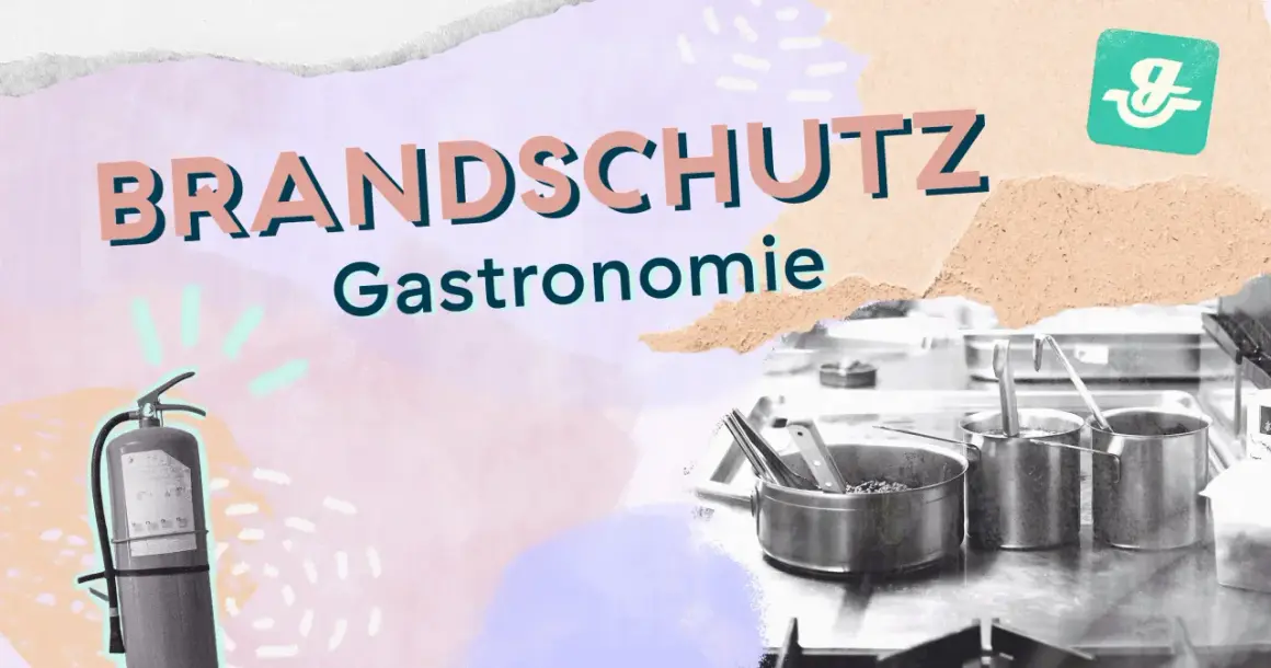 Brandschutz in der Gastronomie ist essenziell. Ein Feuerlöscher und Küchenutensilien sind zu sehen.