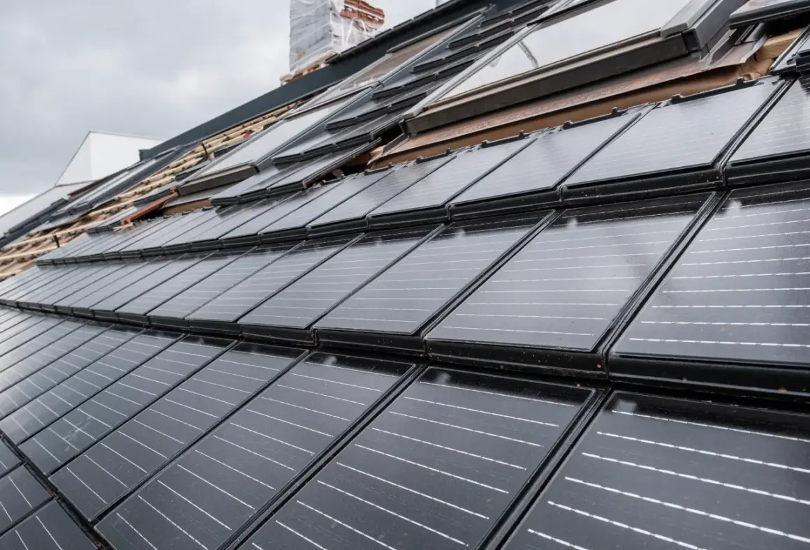 Dachmontage einer PV-Anlage mit Fokus auf Brandschutz. Solarmodule werden auf dem Dach installiert, um saubere Energie zu erzeugen.