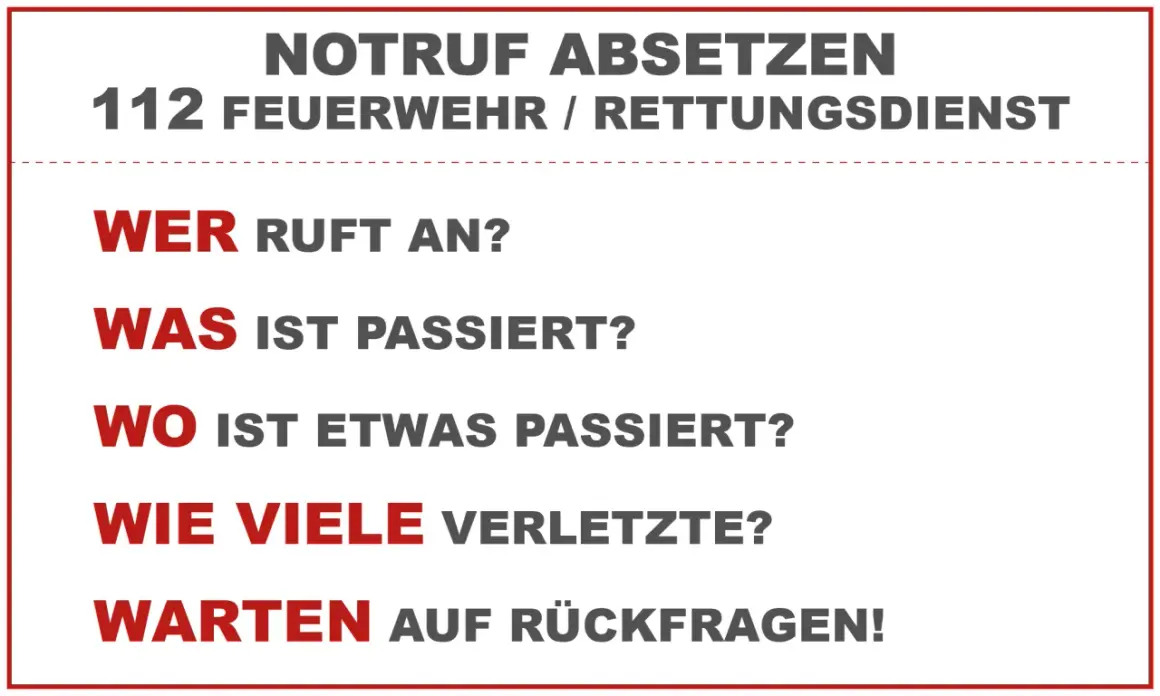 Anleitung zum Notruf absetzen: Wer ruft an? Was ist passiert? Wo ist etwas passiert? Wie viele Verletzte? Warten auf Rückfragen!