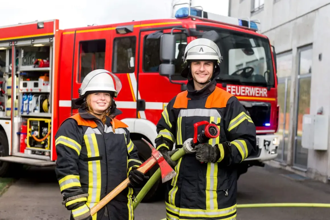 Zwei Feuerwehrleute vor einem roten Feuerwehrauto. Sie tragen Schutzkleidung und Helme. Die Frau hält eine Axt, der Mann einen Schlauch. So wird man Feuerwehrmann oder Feuerwehrfrau.
