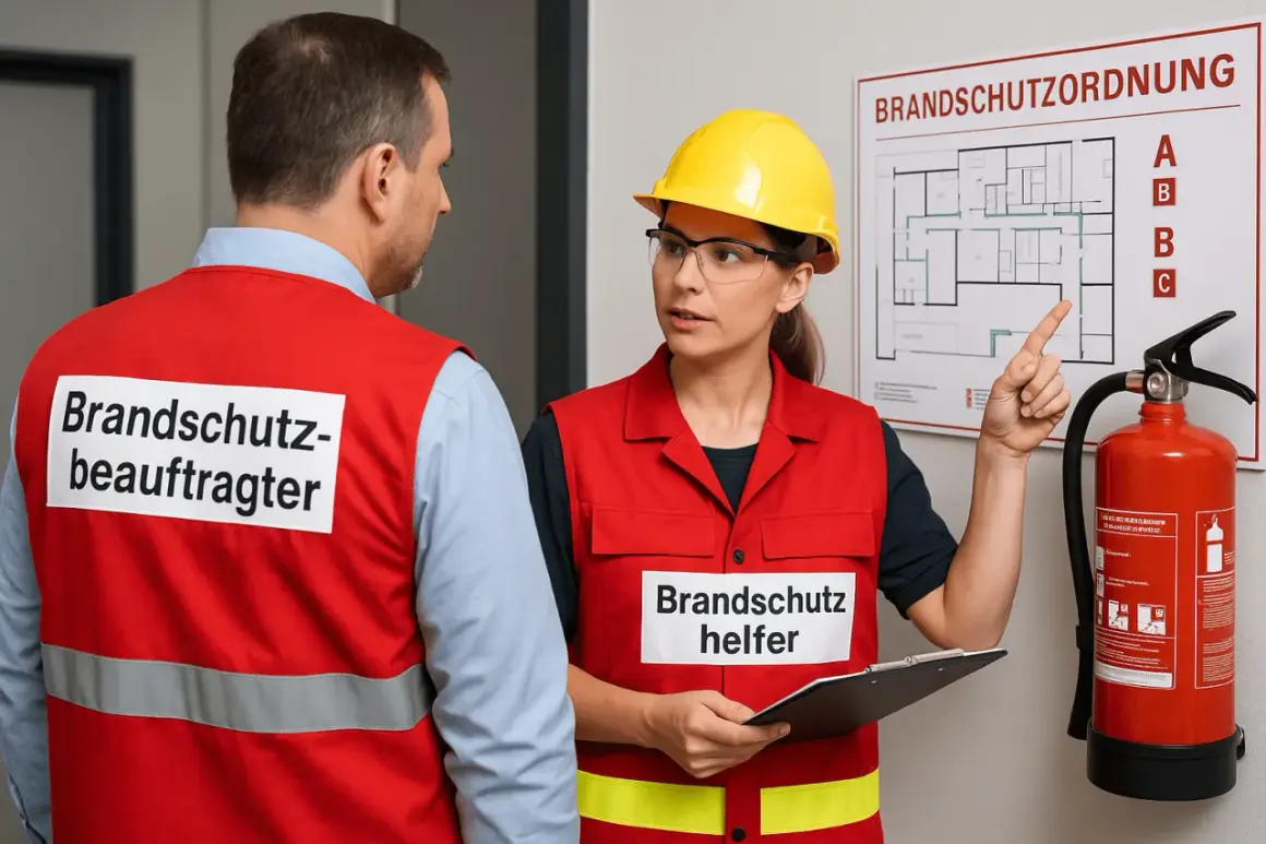 Ein Sicherheitsbeauftragter Pflege und eine Brandschutzhelferin besprechen die Brandschutzordnung.
