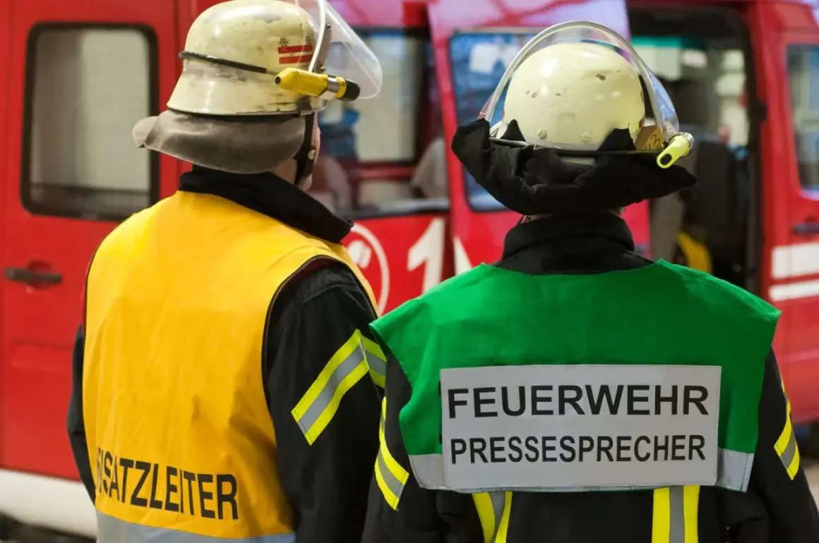 Zwei Feuerwehrleute stehen vor einem roten Fahrzeug. Einer trägt eine gelbe Weste mit der Aufschrift "Einsatzleiter", der andere eine grüne Weste mit der Aufschrift "FEUERWEHR PRESSESPRECHER".