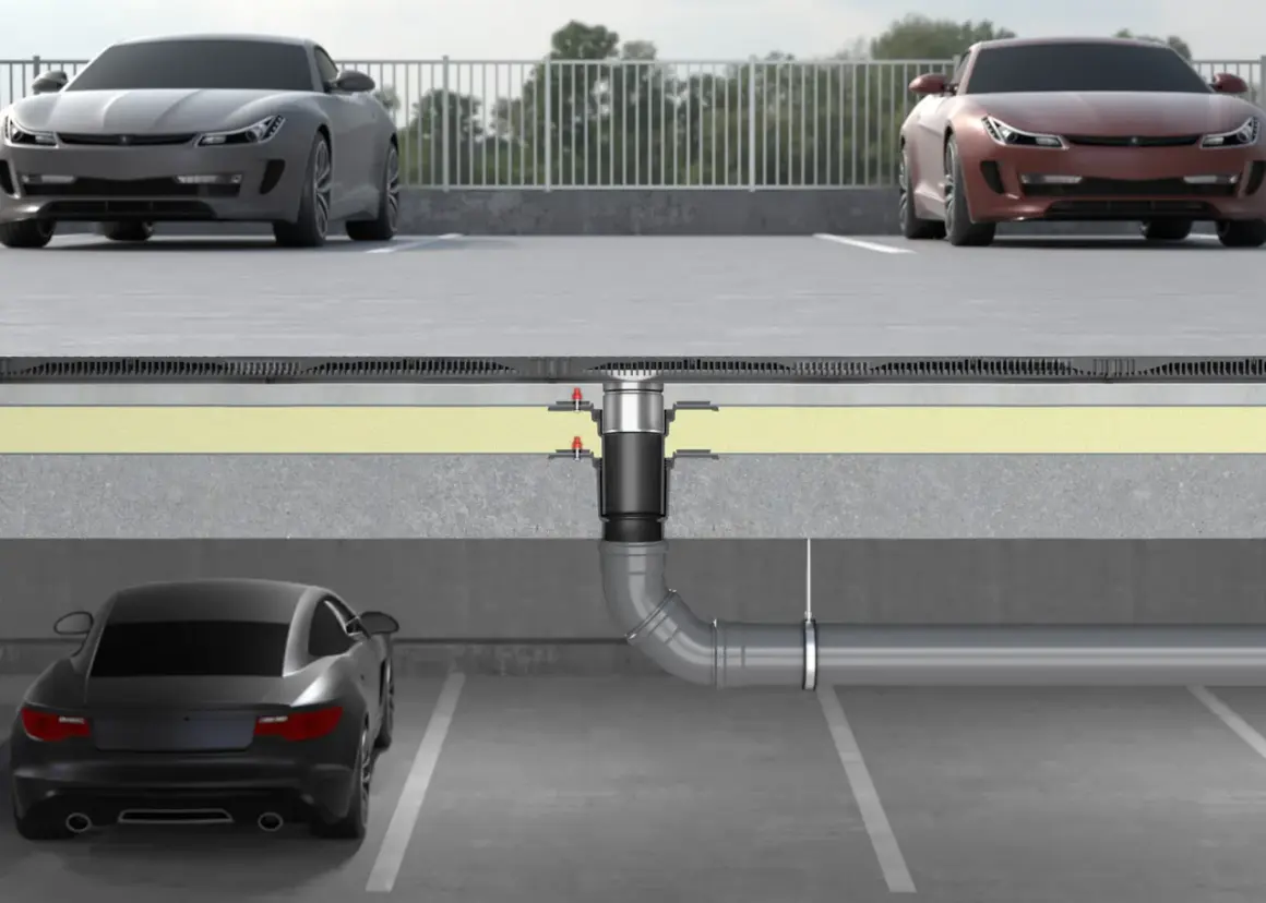 Schnittzeichnung einer Tiefgarage mit Entwässerungssystem. Autos parken auf verschiedenen Ebenen.