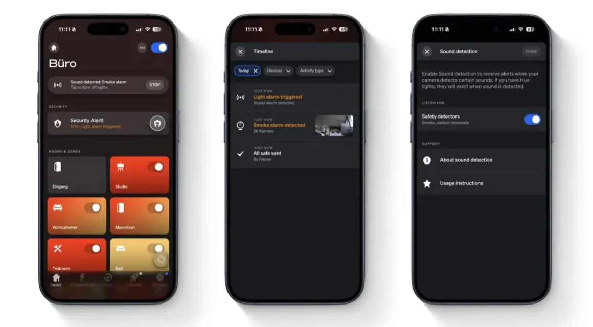 Philips Hue App zeigt einen Rauchmelder-Alarm im Büro an. Die Sounderkennung ist aktiviert, um auf Rauch oder Kohlenmonoxid zu reagieren.