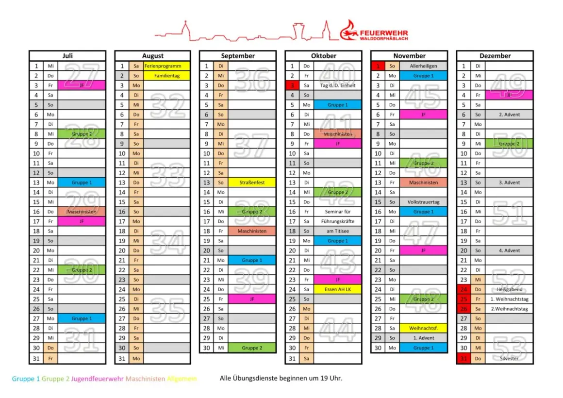 Jahresdienstplan der Feuerwehr Walddorfhäslach: Übersicht der Übungen für Gruppen, Jugendfeuerwehr und Maschinisten.