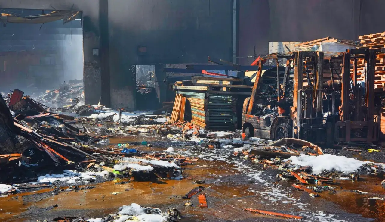 Verbrannte Lagerhalle mit Schutt und einem ausgebrannten Gabelstapler. Suche nach finanzieller Hilfe nach Brand ohne Versicherung.