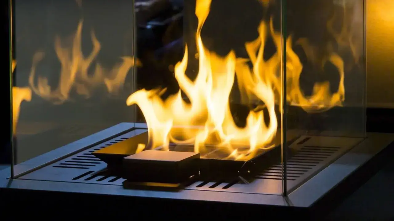 Flammen tanzen in einem modernen Glas-Kamin. Die Wärme des Feuers ist spürbar, aber es ist Zeit, den Kamin auszumachen.