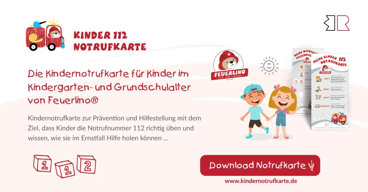 Kinder lernen, wie sie Notruf absetzen k&ouml;nnen mit der Feuerlino Kindernotrufkarte. &Uuml;ben der 112 f&uuml;r den Ernstfall.