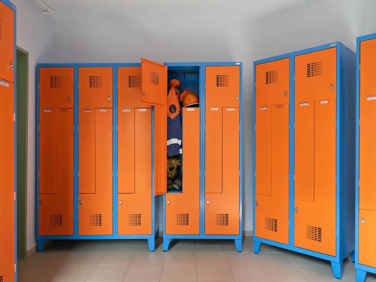 Reihen von orange-blauen Jugendfeuerwehr Spinden. Ein Spind ist ge&ouml;ffnet und zeigt Einsatzkleidung und Helm.