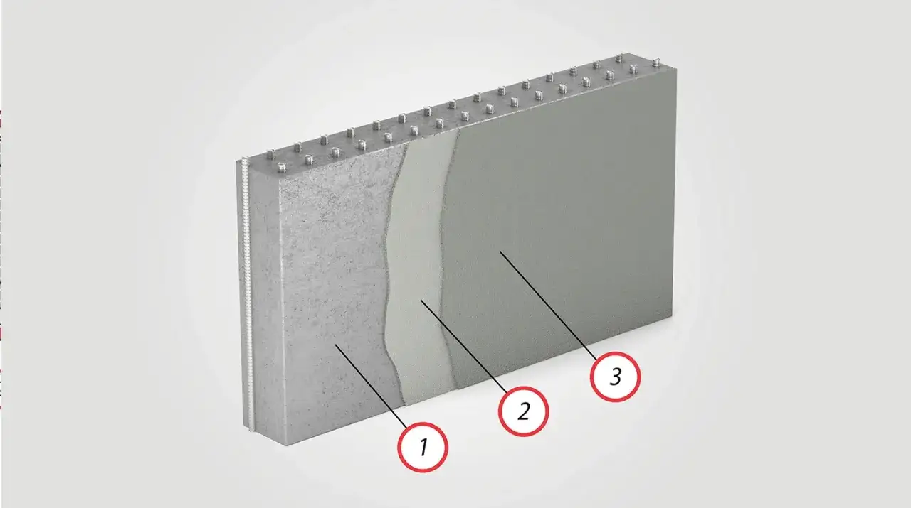 Schichtaufbau einer Brandschutzwand: 1. Kernmaterial, 2. Putzschicht, 3. Oberfl&auml;chenbeschichtung.