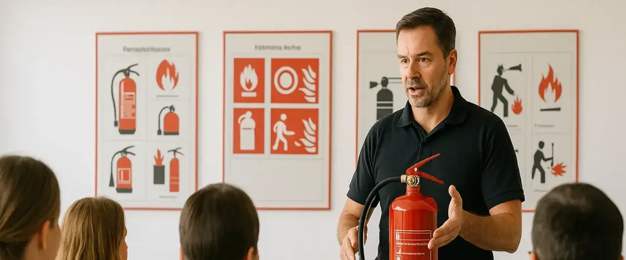 Mann erklärt Feuerlöscher-Nutzung. Schulung für angehende Sicherheitsbeauftragte.