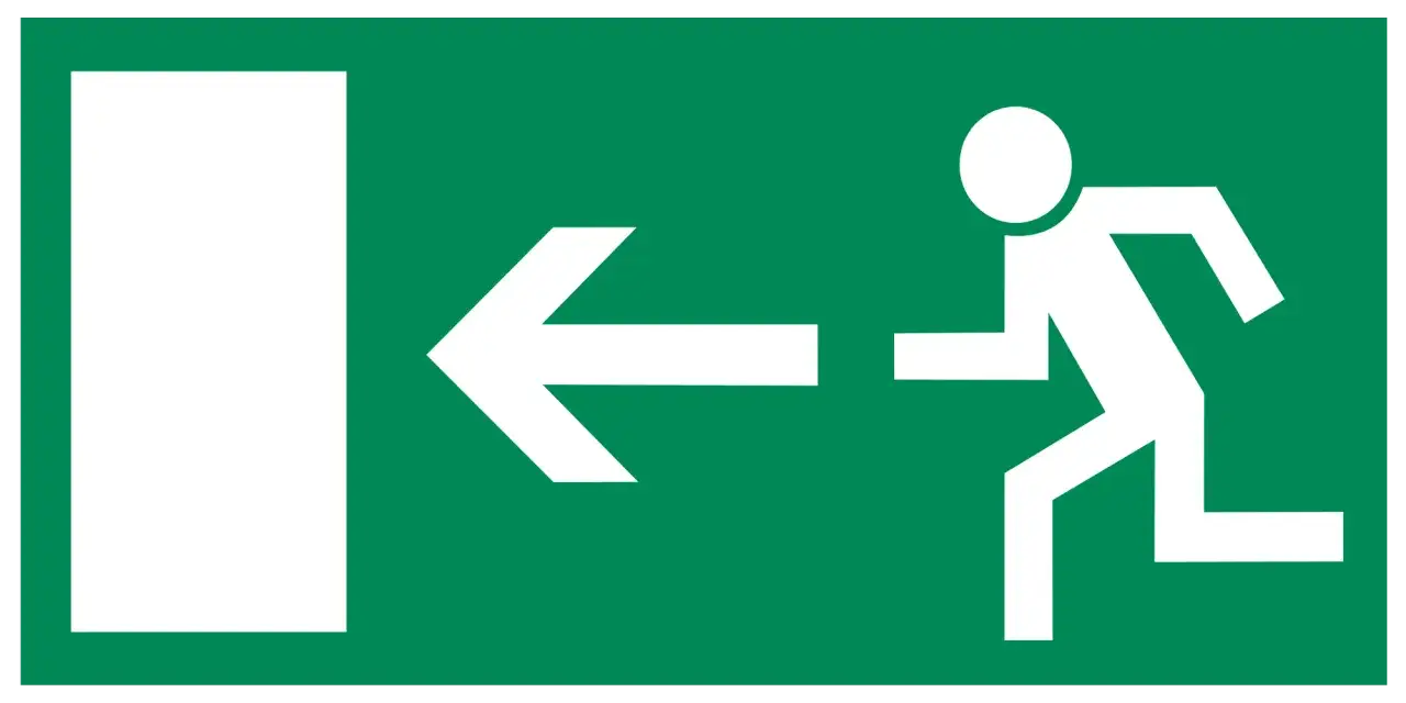 Grünes Schild mit weißer Silhouette einer rennenden Person und Pfeil nach links. Die t30rs bedeutung ist klar: Fluchtweg links.