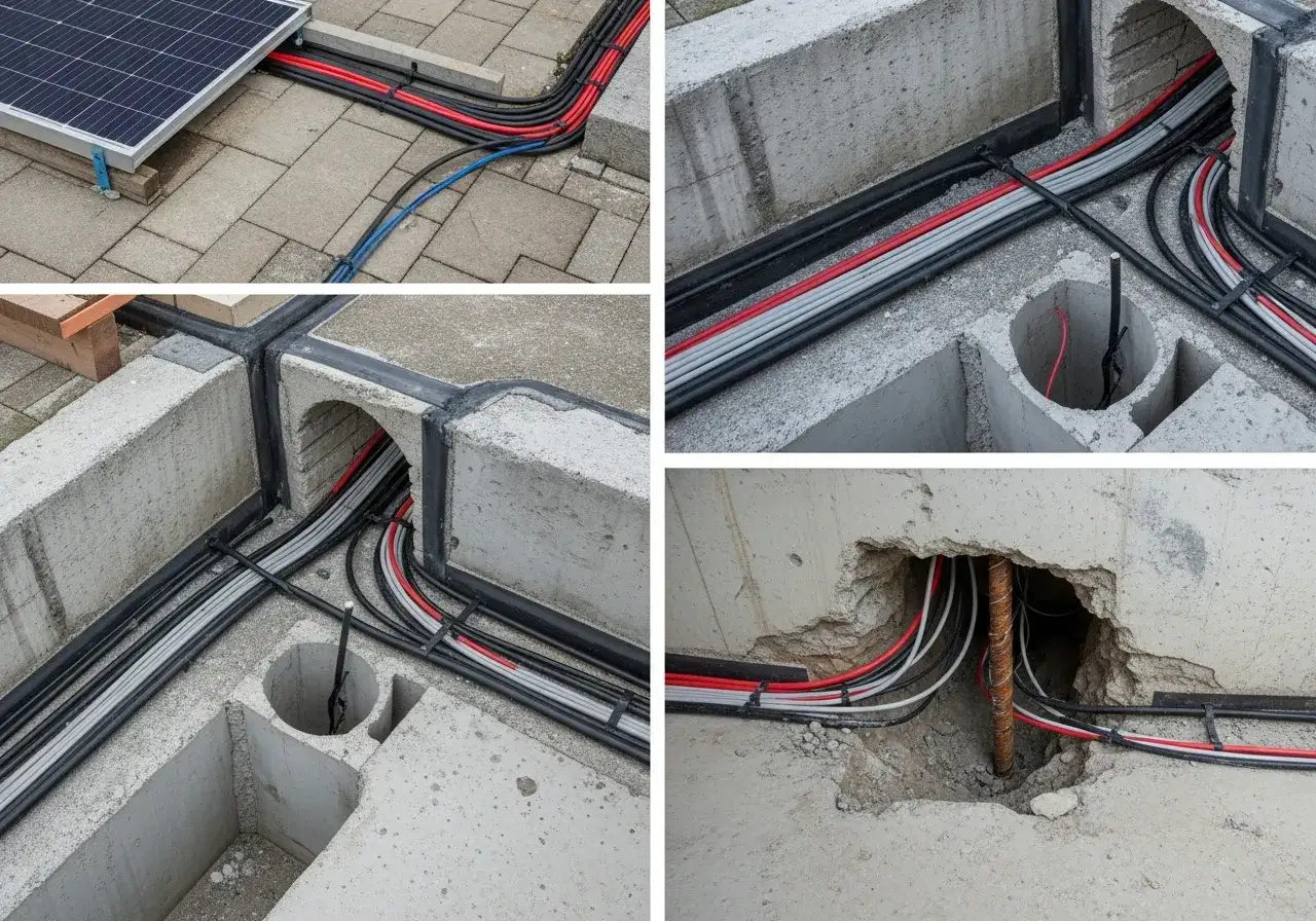 PV-Anlage: Kabelverlegung mit Brandschutz-Ma&szlig;nahmen in Betonkonstruktion. Rote, graue und schwarze Kabel sicher gef&uuml;hrt.