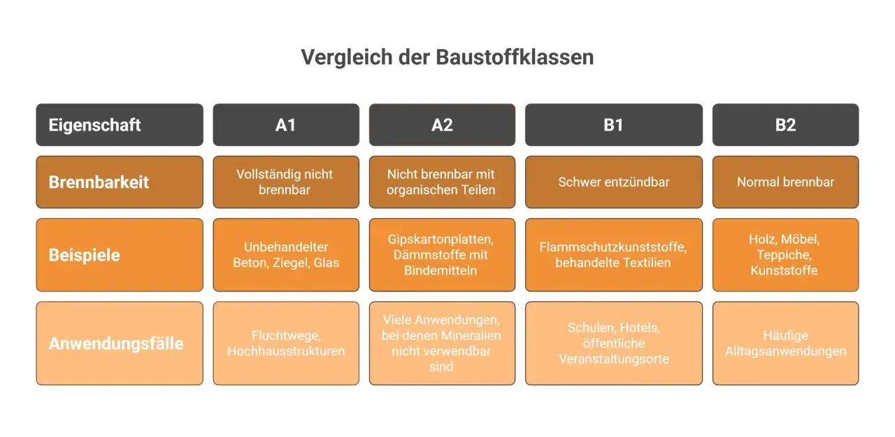 Vergleich der Baustoffklassen: Tabelle zeigt Eigenschaften, Brennbarkeit (A1-B2), Beispiele und Anwendungsf&auml;lle von Baustoffen.
