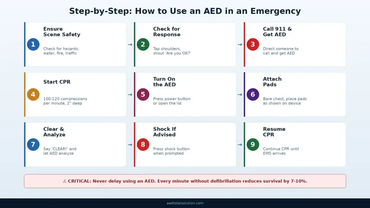 Schritt-für-Schritt-Anleitung zur Nutzung eines AED im Notfall. Wichtige Schritte wie Sicherheit, CPR, Anruf 112, AED einschalten, Pads anbringen und Schockabgabe. Ein AED-Einsatz kann Leben retten.