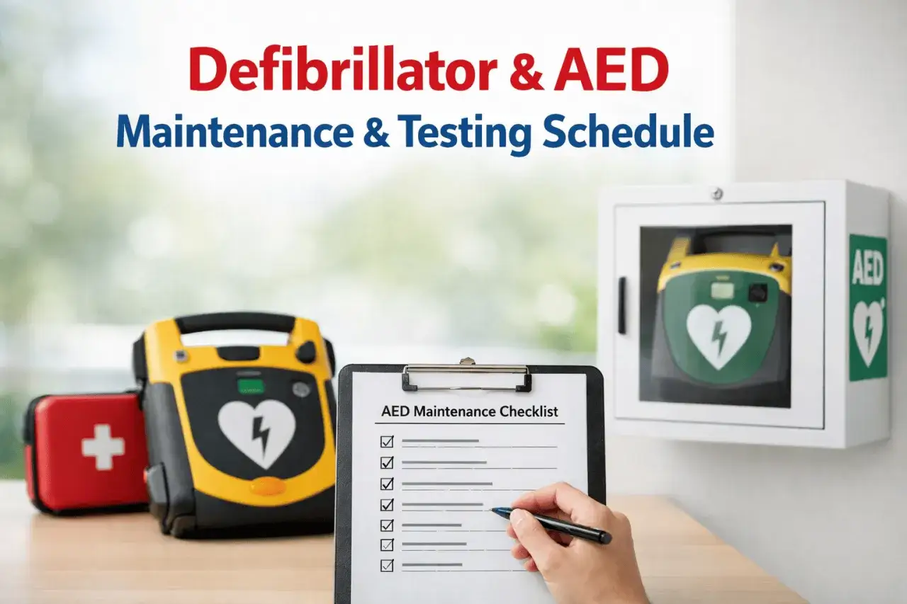 Checkliste f&uuml;r die Defibrillator & AED Wartung. Ein Defibrillator und ein Erste-Hilfe-Kasten stehen bereit.