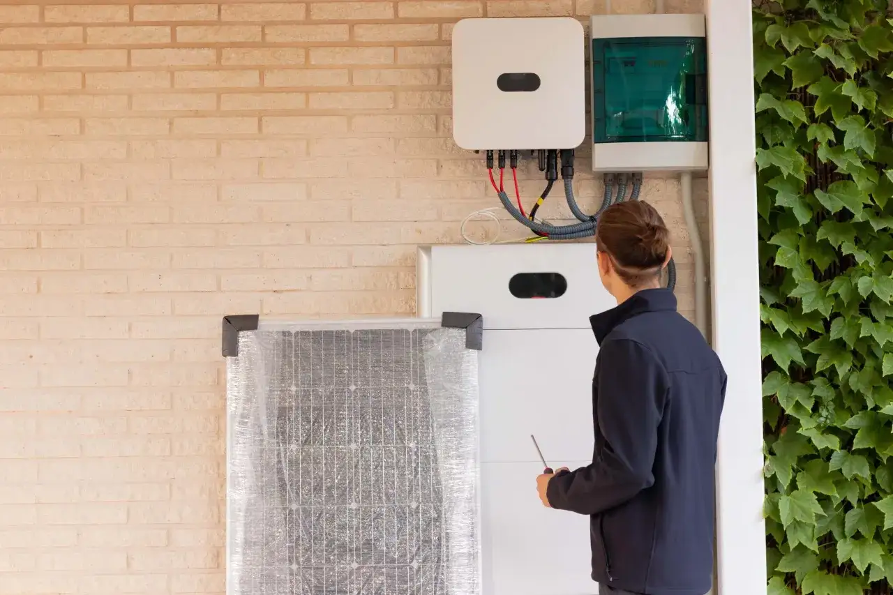 Techniker prüft PV-Batteriespeicher und Solarmodul. Brandschutz ist bei der Installation von Energiespeichern essenziell.