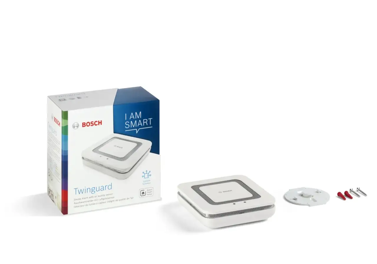 Bosch Twinguard Rauchmelder mit Luftg&uuml;tesensor und Zubeh&ouml;r. Einfacher Wechsel der Batterie f&uuml;r Sicherheit.