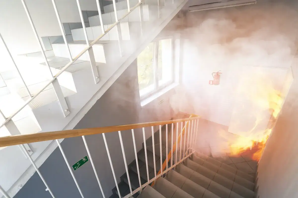 Rauch und Flammen im Treppenhaus eines Mehrfamilienhauses. Ein Feuerlöscher hängt an der Wand.