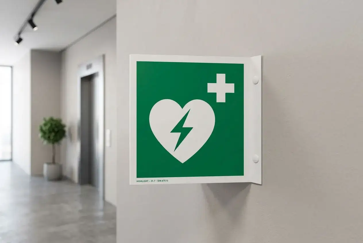 Grünes Schild mit weißem Herz und Blitz, das den defibrillator standort finden erleichtert. Ein weißes Kreuz ist oben rechts.