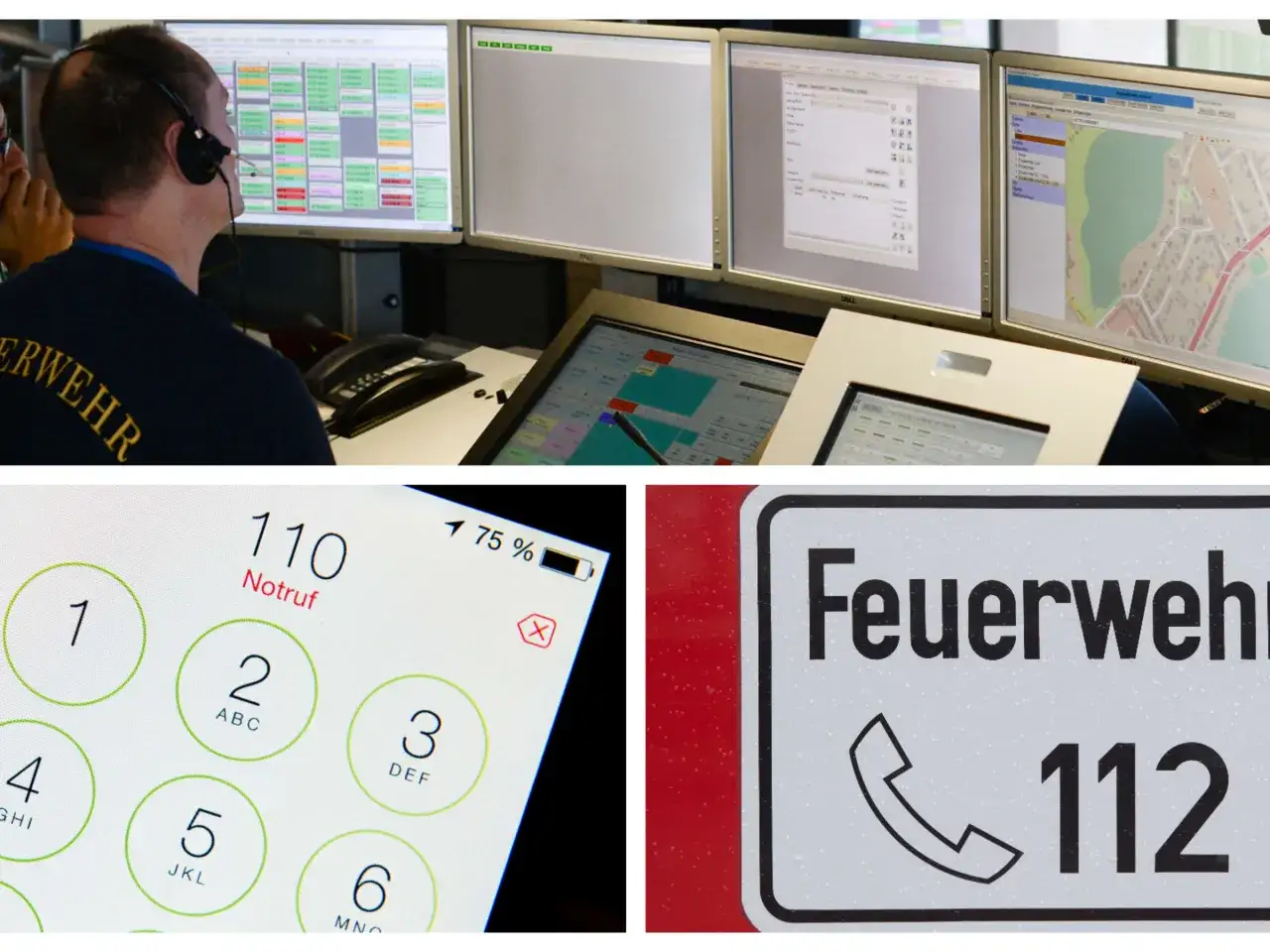 Notrufzentrale mit Monitoren und Tastatur. Daneben ein Handy mit Notrufnummern und ein Schild mit der internationalen Notrufnummer Europa: 112.
