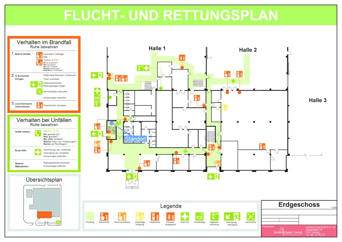 Flucht- und Rettungsplan für eine Arztpraxis mit Notrufnummern, Erste Hilfe und Brandschutz-Symbolen. Der Plan zeigt den Standort und die Fluchtwege.