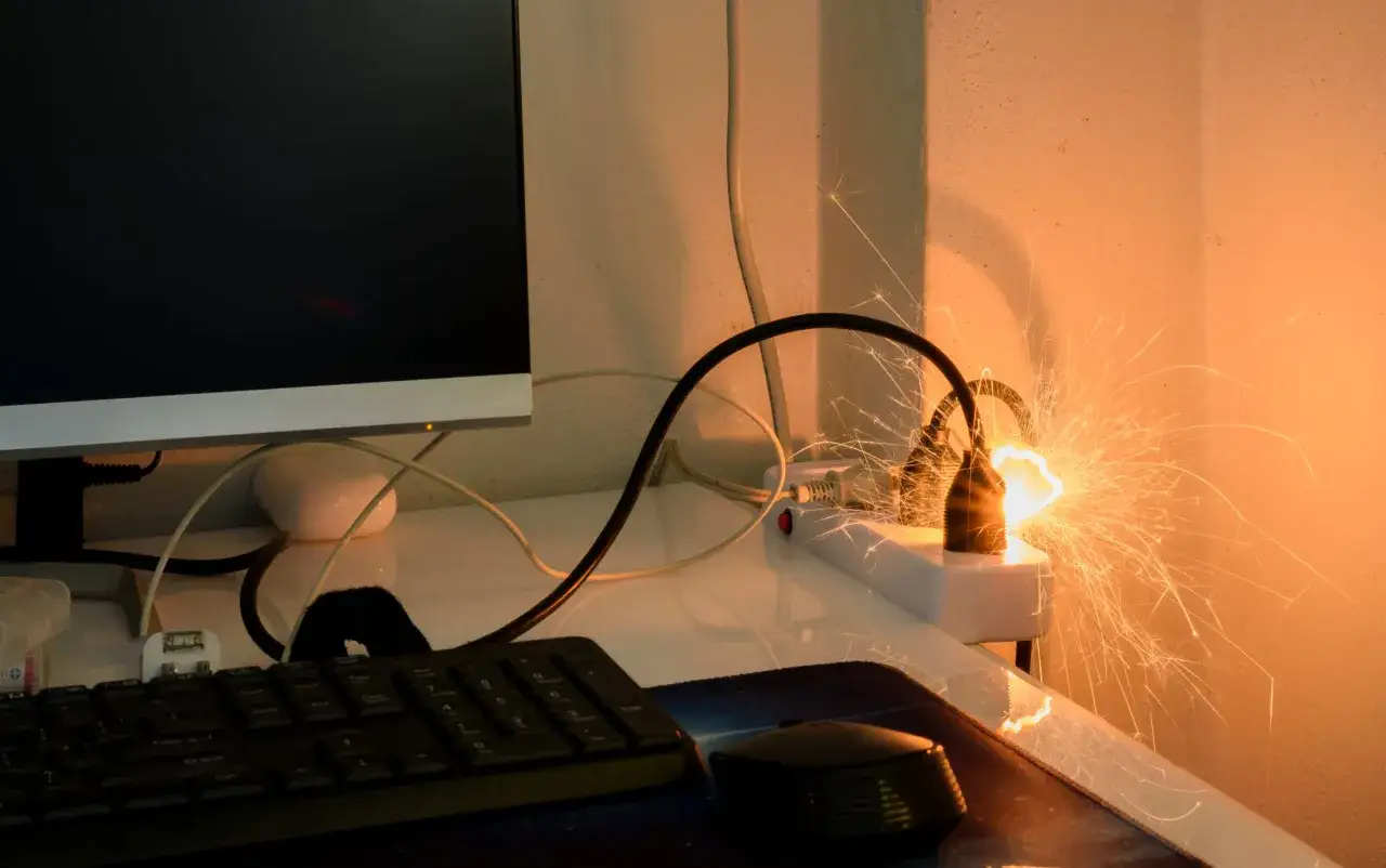Gefährlicher kabelbrand in der wand: Funken sprühen aus einer Steckdosenleiste, die mit einem Computer verbunden ist.