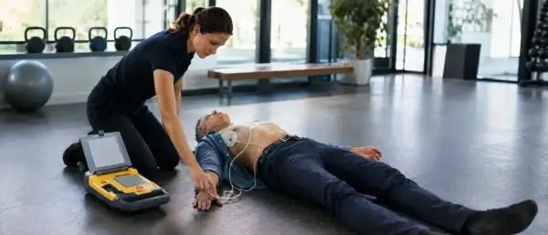 Sanitäterin klebt AED-Elektroden auf Brust eines Mannes, der auf dem Boden liegt. Ein Defibrillator steht daneben.