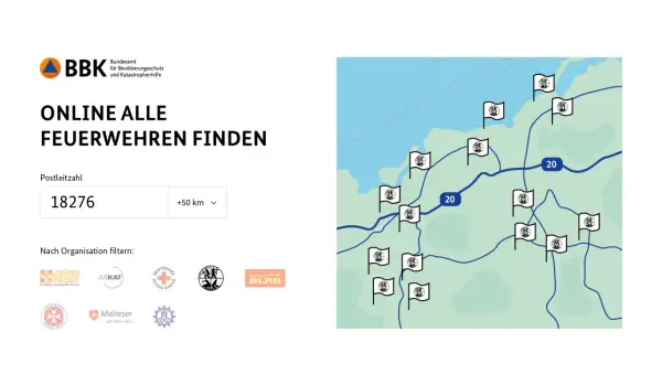 Karte mit Markierungen für Feuerwehren, die verschiedene Aufgaben erfüllen. Suche nach Feuerwehren in deiner Nähe.